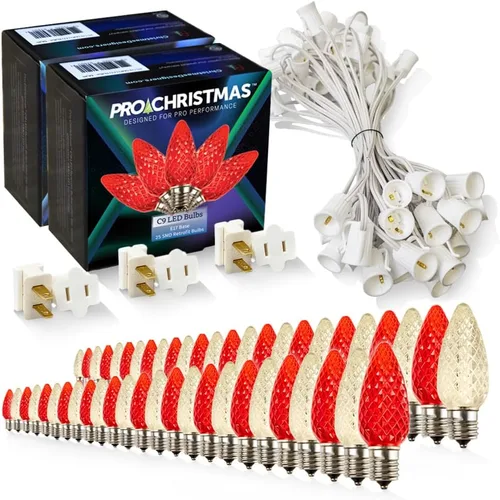 Vista 26 de Pro Christmas - Kit de luces C9 para exteriores, blanco cálido, cable verde, 50 bombillas, 50 pies