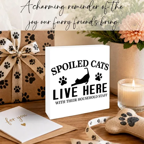 Vista 5 de 4x4 Funny Cat Wooden Block Sign, Spoiled Cats Live Here