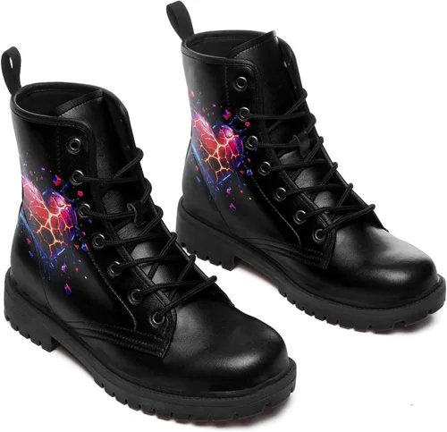 Vista 3 de Botines de combate para mujer, con estampado de corazón, botines cortos de moda con rosas y calavera, botas de trabajo duraderas con cordones