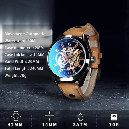 Vista 4 de GLEIM Gute - Reloj de pulsera para hombre, esqueleto mecánico automático automático y steampunk para hombre, reloj casual de cuero marrón
