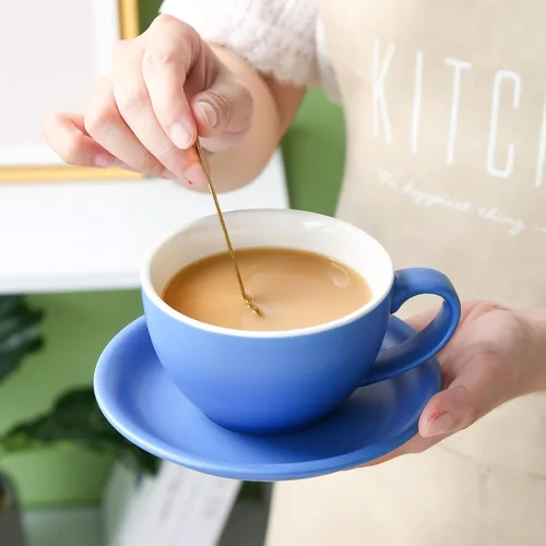 Vista 5 de Yundu Ceramics Latte Cup and Saucer - 10 onzas para capuchino, té, café moca, juego de 4, color mixto mate 4 colores mate oscuro