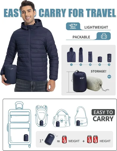 Vista 3 de Pioneer Camp Chaqueta acolchada ligera y plegable para hombre, con capucha, térmica, para invierno, para correr, viajar