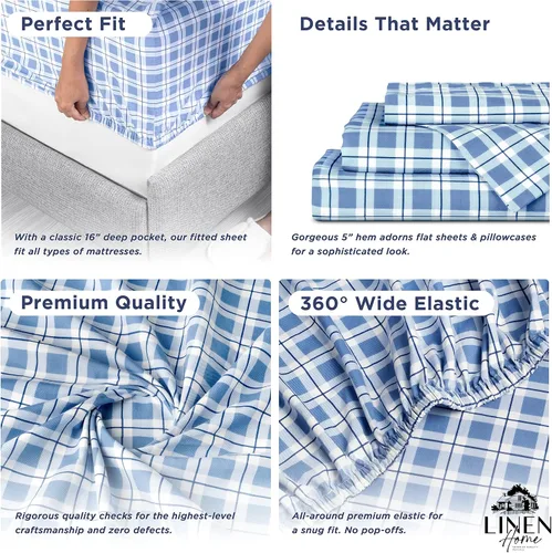 Vista 3 de Linen Home - Juego de sábanas estampadas mezcla de algodón percal y lyocell, prelavadas, individual, 3 piezas, 1 encimera, 1 bajera de bolsillo