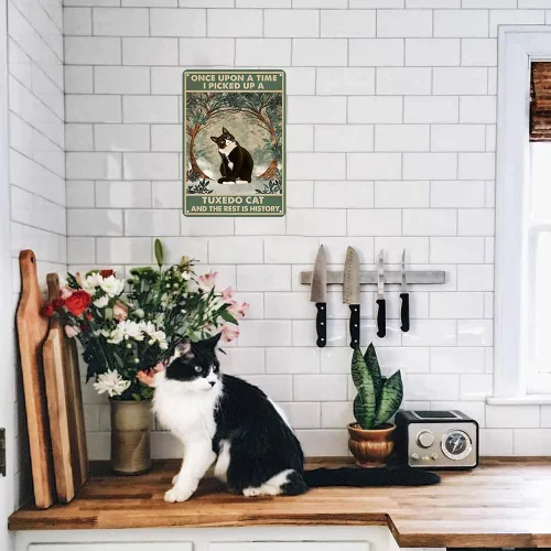 Vista 3 de CrazySign Cartel Divertido de Gato para Amantes de Gatos, Mujeres, Niñas, Regalo, Once Upon a Time I Pick Up A Tuxedo Cat, Cartel de Hojalata