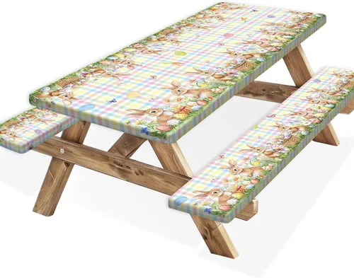 Vista 15 de Funda para Mesa de Picnic con Fundas para Bancos y Bolsa, Campista de Madera Impermeable Resistente al Viento, Cubierta de Mantel Ajustada con Borde