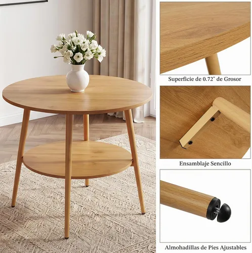 Vista 5 de HIPIHOM Farmhouse Round Oak Dining Table, 31.5 Inch Steel Legs for 2-4