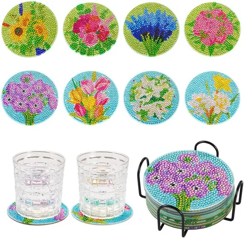 Vista 16 de FASHEWELRY 8 posavasos de arte de diamante con soporte para abejas, kit de posavasos de pintura de diamantes para bebidas, kits de arte de diamantes