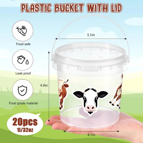 Vista 2 de PerKoop 20 cubos de helado de 32 onzas con tapas y asas, cubos transparentes de ron de cóctel con calcomanías, tina transparente de plástico