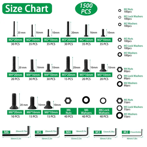 Vista 5 de Kit surtido de 1500 tornillos métricos, tornillos de máquina M2 M3 M4 M5 M6 con cerradura y arandelas planas, acero de aleación de grado 10.9, kit