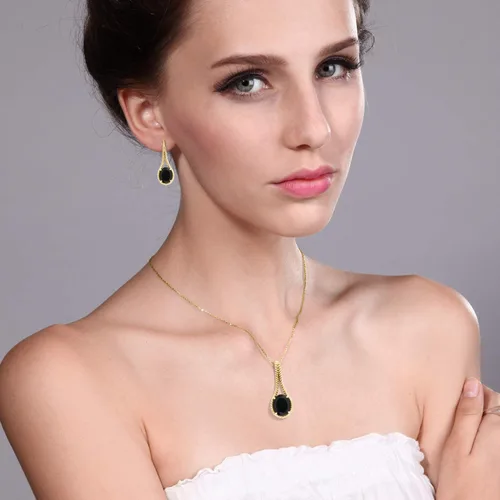 Vista 2 de Gem Stone King Gemstone Birthstone Pendant and Earrings Jewelry Set For Women In 18K Yellow Gold Plated Silver Oval 12X10MM With 18 Inch Silver