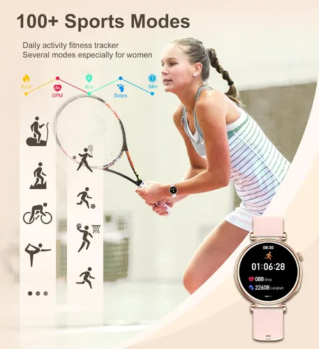 Vista 4 de Reloj inteligente para mujer con llamada Bluetooth, reloj de fitness de 1.27 pulgadas, contador de pasos, monitor de sueño de frecuencia cardíaca