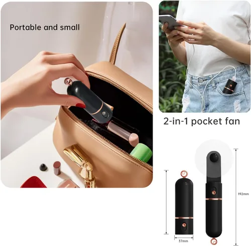 Vista 3 de AOCOOLFAN Ventilador de mano portátil, recargable por USB de 3 velocidades, ventilador de bolsillo pequeño personal de viaje para niñas y mujeres al