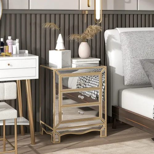 Vista 4 de SSLine Elegante cómoda de 3 cajones con espejo con mango de cristal, moderna mesita de noche color champán para dormitorio, cajón de almacenamiento