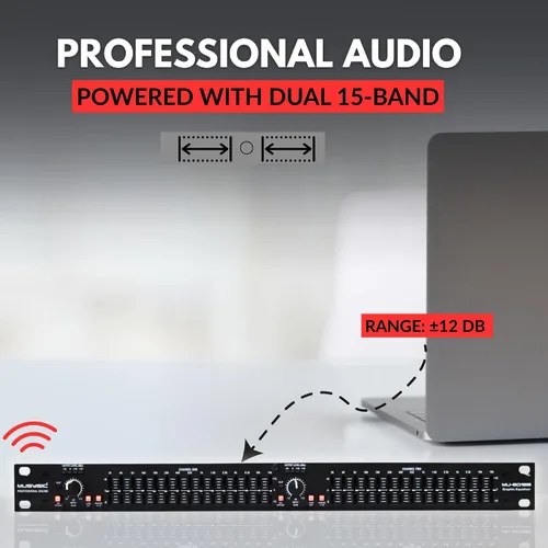 Vista 5 de MUSYSIC Ecualizador gráfico para audio doméstico Ecualizador estéreo de 15 bandas Montaje en rack EQ Ecualizador digital para el hogar, analizador