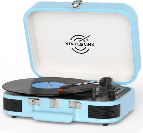 Vista 10 de VINYLS LINK Reproductor de discos de vinilo Bluetooth, tocadiscos de 3 velocidades con altavoces estéreo integrados, tocadiscos portátil de maleta