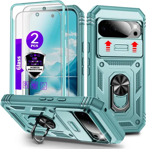 Vista 12 de Funda para Pixel 9 Pro XL con cubierta deslizante para cámara, 2 protectores de pantalla de vidrio templado, soporte de anillo giratorio de 360°