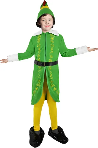 Vista 4 de RTOPDS Budby - Disfraz de elfo verde con sombrero para niños, disfraz de elfo verde con sombrero para Halloween, Navidad, fiestas de vacaciones
