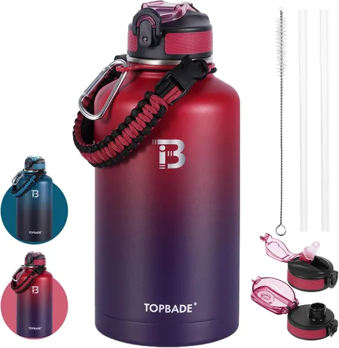Vista 12 de TOPBADE Botella de agua aislada de 32 onzas con tapa de pajita, tapa de boquilla y mango de paracord, botella de agua de acero inoxidable de boca