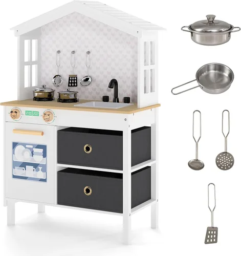 Vista 10 de Costzon Cocina de Juguete para Niños, Juguete de Cocina Montessori Little Chef con 2 Estufas, Perillas Giratorias, Grifo, Fregadero, Lavavajillas, 2