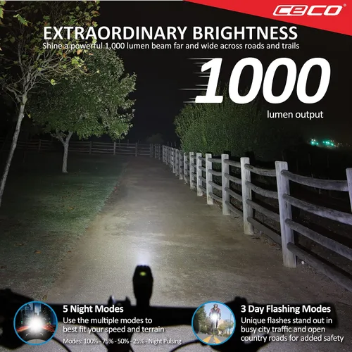 Vista 2 de CECO -Estados Unidos: faro delantero de 1000 lúmenes y luz trasera LED COB de 80 lúmenes para ciclistas que quieren ver lejos y ser visto desde