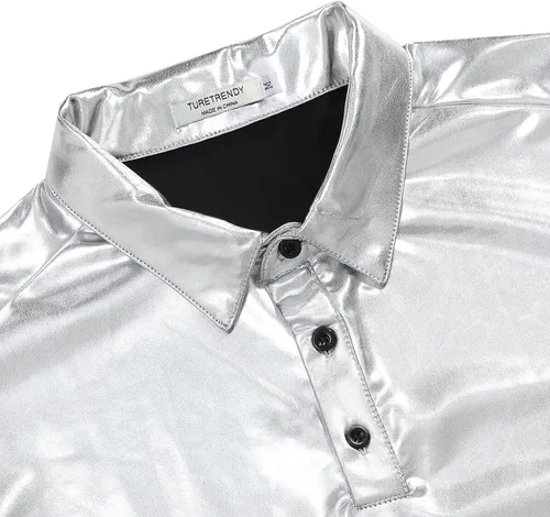 Vista 4 de TURETRENDY Camisa de discoteca de los años 70 para hombre, con lentejuelas brillantes, manga corta, para fiesta, polo hipster, discoteca, baile