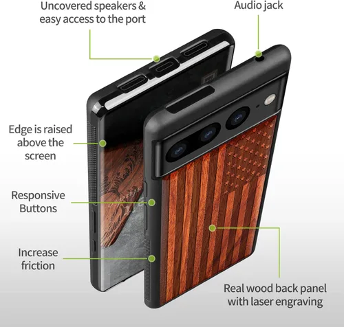 Vista 8 de Carveit Funda de madera para Pixel 7 Pro [madera natural y TPU suave negro] a prueba de golpes, funda de madera única y elegante compatible