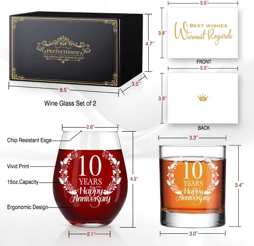 Vista 2 de Perfectinsoy Juego de regalo de copa de whisky y copa de vino sin tallo, regalo de boda para mamá, papá, alma gemela, pareja, regalos de 10 años