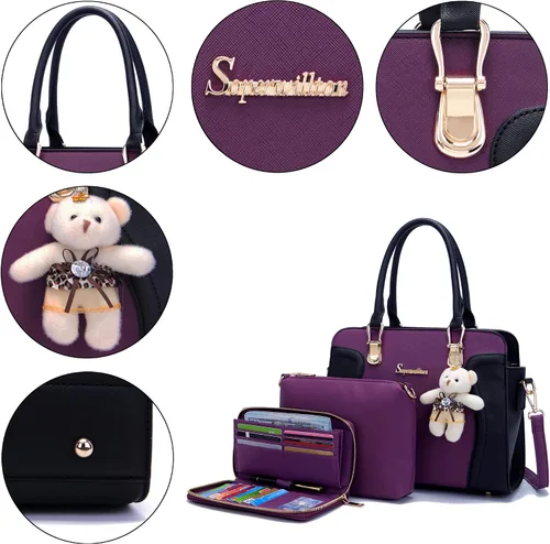Vista 4 de Soperwillton Bolsos de mano para mujer, bolsas de hombro, cartera, bolsa de mano, juego de 3 piezas