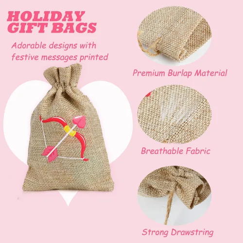 Vista 3 de DERAYEE 36 bolsas de regalo de arpillera para el día de San Valentín con cordón, 4 x 6 pulgadas, pequeñas bolsas de lino con corazón de San