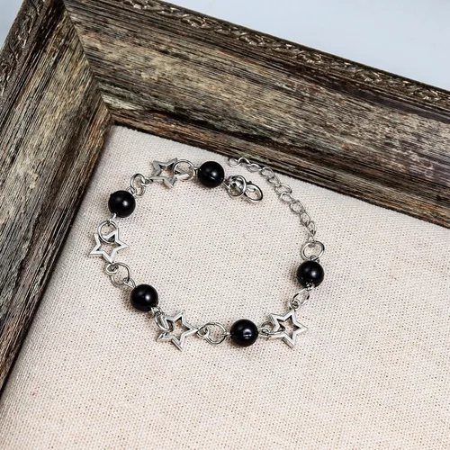 Vista 2 de Pulsera de cadena de cuentas de doble capa vintage punk Y2k con perlas de estrella, accesorios estéticos, joyería de amistad para mujeres