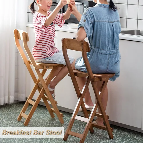 Vista 2 de Taburetes de bar plegables de bambú para el desayuno, taburete de cocina de 24 pulgadas/27 pulgadas con respaldo, silla alta de madera plegable