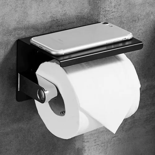 Vista 7 de Soporte de papel higiénico de un solo rollo con estante para teléfono, dispensador de pañuelos de acero inoxidable montado en la pared para baño