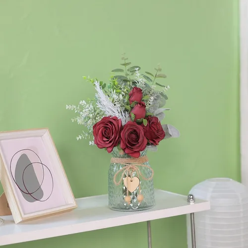 Vista 9 de Rosas artificiales de seda de 14.5 pulgadas con jarrón para decoración del Borgoña