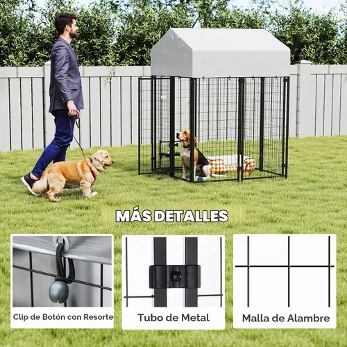Vista 5 de PawHut Perrera para Perros al Aire Libre con Techo, 4' x 4' x 6' Recinto de Juegos para Perros de Alambre Soldado Resistente con Cerradura a Prueba