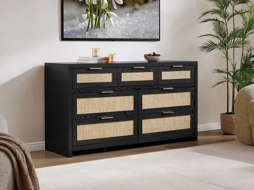 Vista 5 de SICOTAS Cómoda de 7 cajones para dormitorio, cómodas de ratán de 57" de ancho, cómoda grande con cajones para dormitorio, cómoda soporte de TV