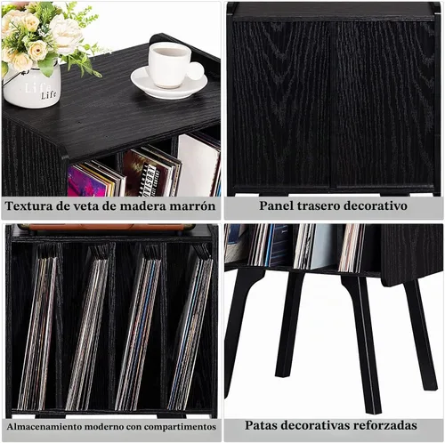 Vista 6 de LELELINKY - Soporte para tocadiscos de 11.7 pulgadas de ancho, mesa de almacenamiento para discos de vinilo color negro con 4 gabinetes, almacena