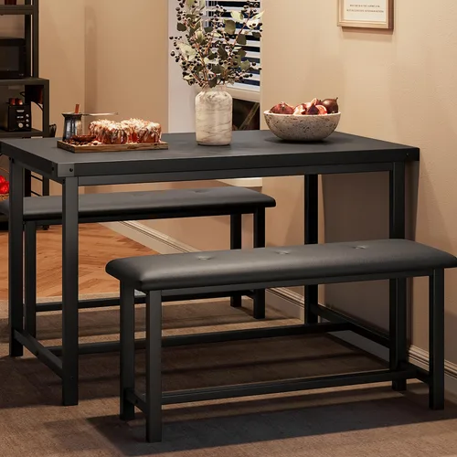 Vista 10 de GarveeHome Juego de mesa de comedor para 4, mesa de cocina con 2 bancos tapizados, juego de comedor de cocina de madera, para espacios pequeños