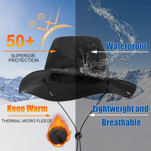 Vista 2 de Rain Hat for Women Waterproof Winter Bucket Hat Wide Brim Warm Fleece Lined Bucket Rain Hat UV Protection UPF 50+ Sun Hat Safari Hat for Fishing