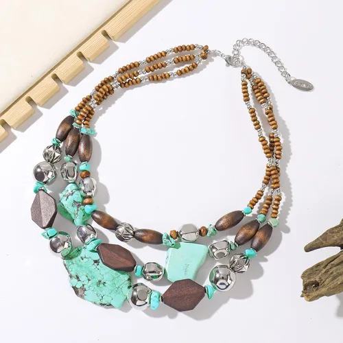Vista 4 de Bocar 3 Layer Turquoise Wood Beaded Statement Chunky Necklace(NK-10124)