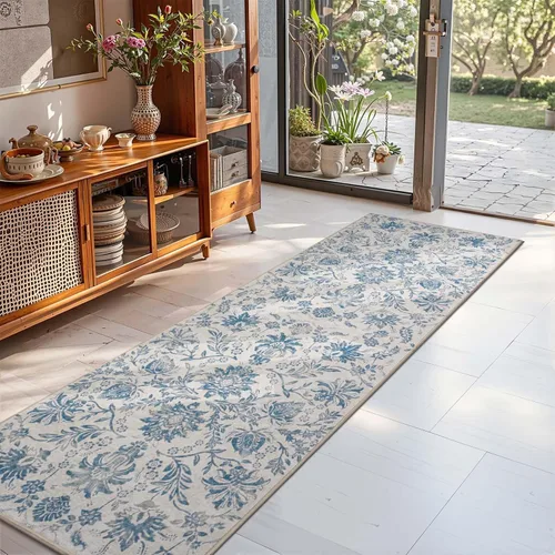 Vista 152 de jinchan Lima - Alfombra simétrica floral geométrica lavable, alfombra de entrada de medio círculo de 2 x 3, alfombra de media luna, suave y Azul