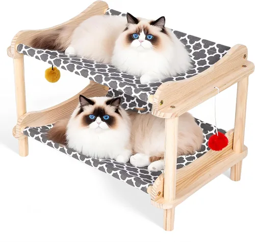 Vista 15 de Cama elevada de madera para gatos – 24 x 15.7 x 5.9 pulgadas, hamaca transpirable para mascotas para uso en interiores y exteriores, tumbona elevada