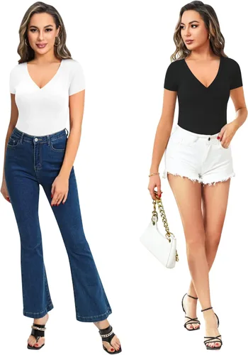 Vista 4 de MANGOPOP Bodysuit for Women Modal V Neck Folded Over Short Sleeve Tops Jumpsuit