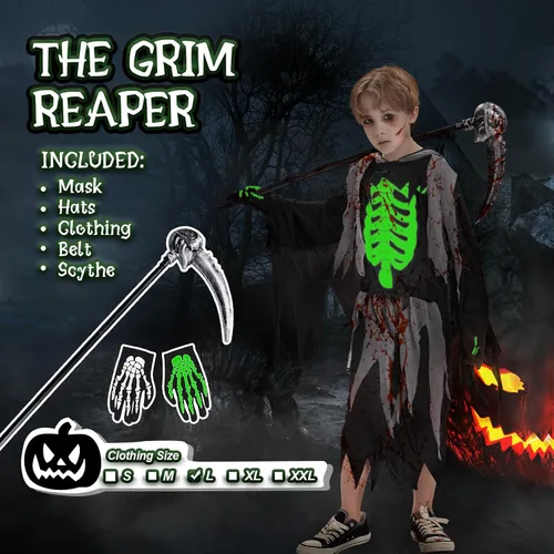 Vista 2 de Neragron Disfraz de la parca para niños y adultos, esqueleto que brilla en la oscuridad, disfraz de Halloween, guadaña con guantes incluidos