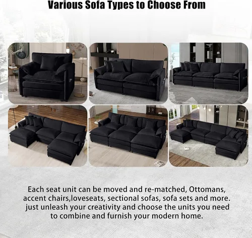 Vista 4 de Sofá modular de 110 pulgadas, sofá modular de felpilla en forma de U con otomana móvil, modernos sofás seccionales de nube de 6 asientos para sala