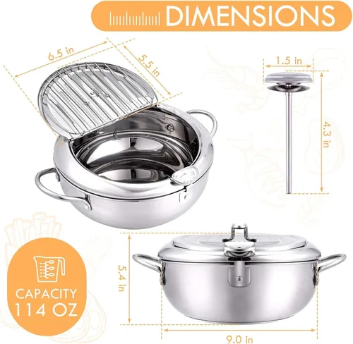 Vista 5 de cuomaop Olla para freidora, olla japonesa de acero inoxidable 304 con drenaje de aceite, control de temperatura y tapa, olla Tempura para cocina