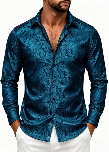 Vista 20 de DiBanGu Camisa de vestir de paisley de seda para hombre, formal, de manga larga, con cuello abotonado, camisas informales para fiesta de boda Negro