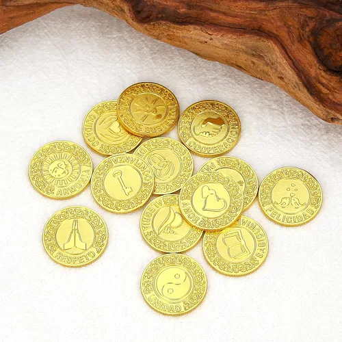 Vista 3 de TINGKU 13 palabras españolas Las Arras para Boda Católica, juego de monedas de unidad de boda con caja en forma de corazón, accesorios Bodas