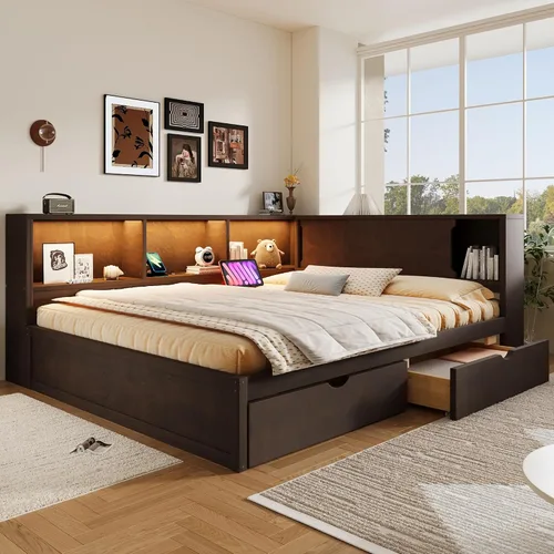 Vista 23 de VilroCaz Cama de sofá de tamaño individual de madera con estantes de almacenamiento y escritorio de estudio, estructura de cama de día Blanco
