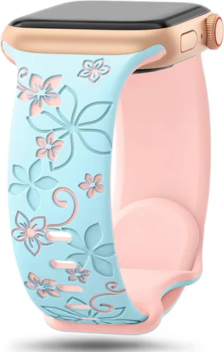 Vista 17 de Bandas con grabado floral compatibles con Apple Watch de 41mm 40mm 44mm 45mm 42mm 38mm 46mm 49mm para mujeres, correa deportiva de silicona suave