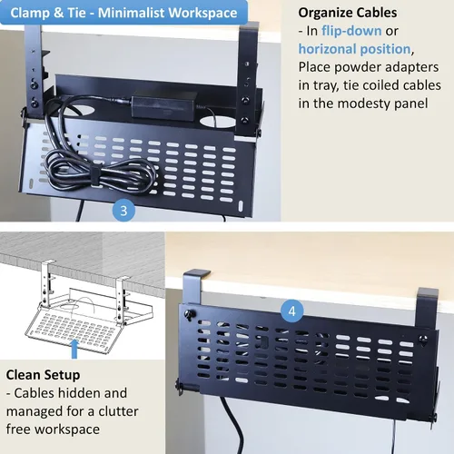 Vista 3 de AEONS Bandeja universal para organizar cables debajo del escritorio, montaje con abrazadera, organizador de panel modesto con bisagras